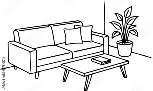 Minimalist Living Room Line Art Vector Interior Design Scene