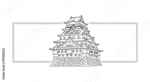 Hand-drawn sketch of a Japanese castle, traditional architecture, historical landmark, black and white illustration