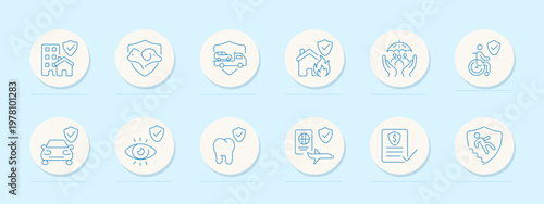 Insurance protection set icon. Line badges with buildings, home, pet heart, truck, car, burning house, caring hands, wheelchair, eye, tooth, airplane, policy document, injured figure, security mark.