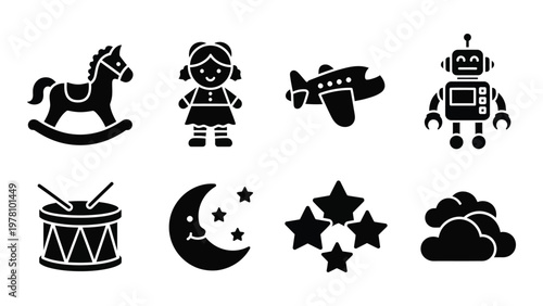 A collection of black silhouette icons depicts classic childhood toys celestial bodies and dreamlike elements high quality professional detailed modern elegant