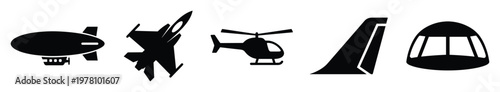 Essential flying machine symbols showcasing airship fighter aircraft helicopter tail fin and space capsule designs perfect for illustrating travel technology or defense topics