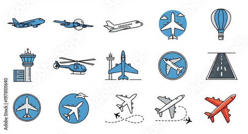 Collection of airplane and aviation related icons and illustrations.