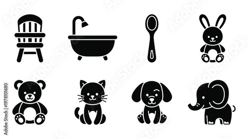 A collection of simplistic black icons depicting baby items including toys a bathtub and furniture high quality professional detailed modern elegant