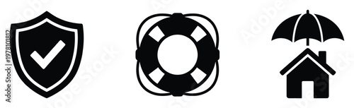 Universal safety and protection icons featuring a shield with a checkmark, lifebuoy, and a house under an umbrella, suitable for insurance, assurance, and emergency service presentations.