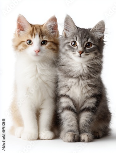 wo Cute Kittens Sitting Together on White Background