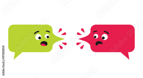 angry speech bubbles, argument icons, chat box emoticons, conflict illustration, colorful dialogue boxes