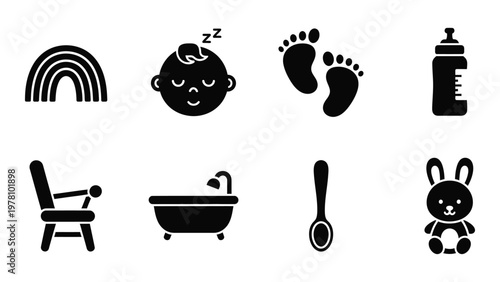 A collection of simple black icons representing items associated with babies and early childhood development high quality professional detailed modern elegant