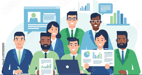 United Team of Professionals: A collective of diverse professionals collaborates, united by a shared vision of success, engaging in strategic planning and data analysis.