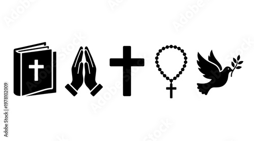 Essential Christian symbols bible, praying hands, cross, rosary, dove. Ideal for religious education, church media, and spiritual design projects.