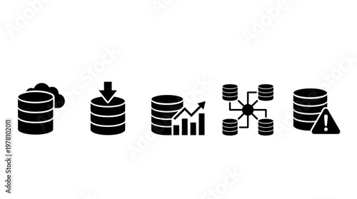 Versatile set of data related icons, including cloud storage, input, growth analysis, distributed networks, and error warnings for technology and business concepts.