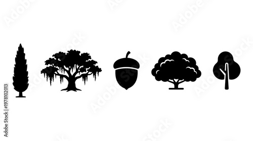 Collection of diverse tree and acorn silhouettes perfect for natural themes, environmental graphic design, eco branding, or botanical educational resources.