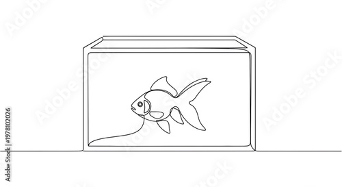 Minimalist continuous line drawing of a goldfish in a tank, ideal for simple graphic designs, educational content, or childrens projects.