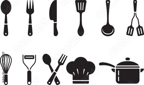 Kitchen and cooking black icons set including oven clock chef hat utensils pots pans ,Cooking Tools Silhouette Collection