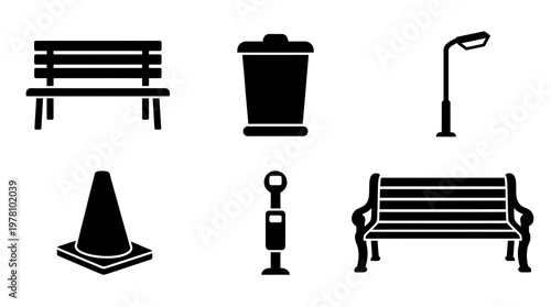Set of black silhouette icons representing park and street furniture including benches, trash can, street light, traffic cone, and bollard, suitable for various projects.
