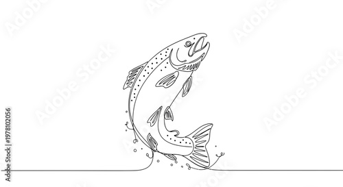 Dynamic continuous line drawing of a leaping fish, possibly a salmon or trout, splashing out of water, perfect for nature themes.