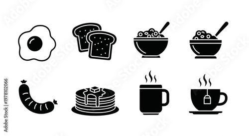 A diverse set of black silhouette icons representing common breakfast items, ideal for digital interfaces, print media, and culinary projects.