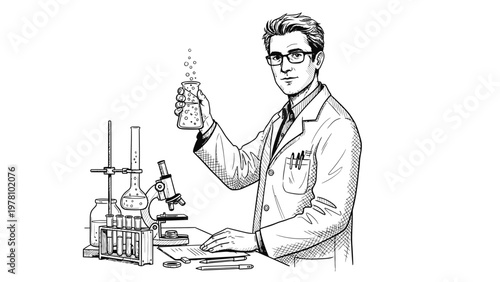 Handdrawn sketch of a male scientist conducting a chemistry experiment, holding a bubbling flask surrounded by laboratory equipment, ideal for science education and research materials.