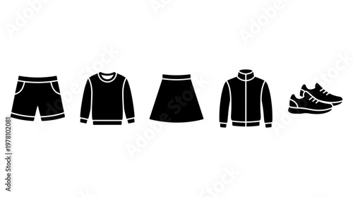 Set of essential sportswear icons shorts, longsleeve top, skirt, jacket, and sneakers. Ideal for representing active lifestyles, workout gear, and everyday casual clothing.