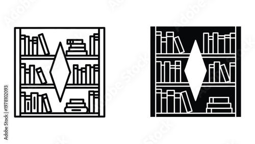 Contrasting symbolic bookcase designs with geometric star shapes in the center