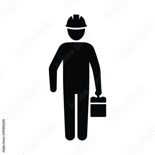 Construction worker icon with tool box for professional building site maintenance and industrial contractor
