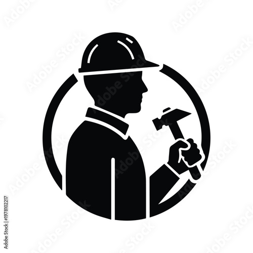 Construction worker in hard hat holding hammer within circular frame for building industry branding