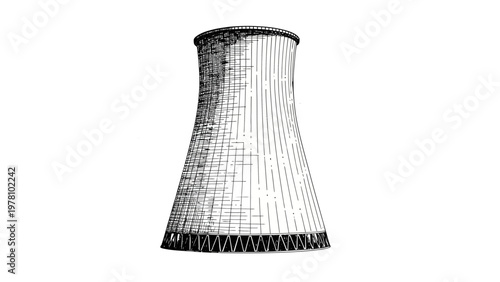 Line drawing of a large cooling tower, representing industrial infrastructure. Perfect for educational, engineering, and energy sector projects.