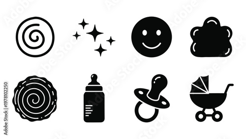 A collection of simple black silhouette icons depicting baby related items weather and abstract shapes high quality professional detailed modern elegant