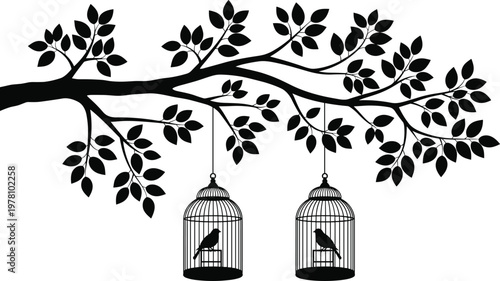 Black tree branch silhouette with leaves and two hanging birdcages containing birds, elegant botanical nature wall art vector illustration,