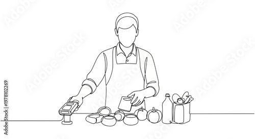 Continuous line art of a retail worker scanning products at a checkout counter for quick customer service. Ideal for business or shopping related content.
