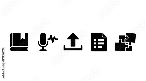 Black glyph icons for learning, audio, data management, and problemsolving, ideal for app development and website interfaces.