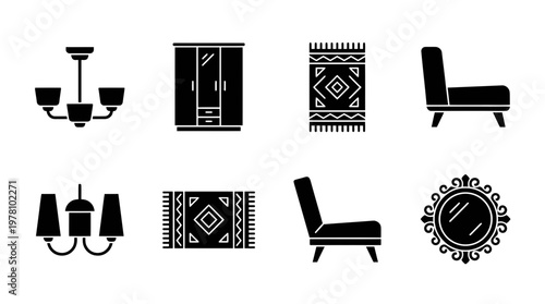 Black glyph icons featuring essential home furniture and decor items like chandeliers, wardrobe, rug, chair, and mirror, perfect for interior design applications and digital projects.