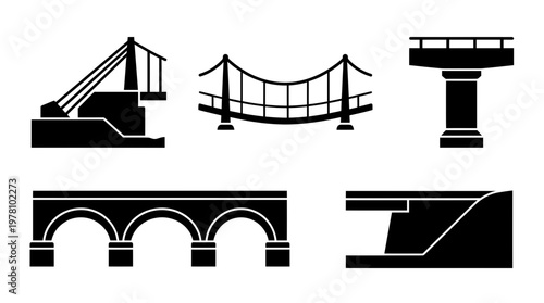 Diverse set of bridge icons showcasing various architectural and engineering designs ideal for urban planning, construction projects, or transportation graphic resources.