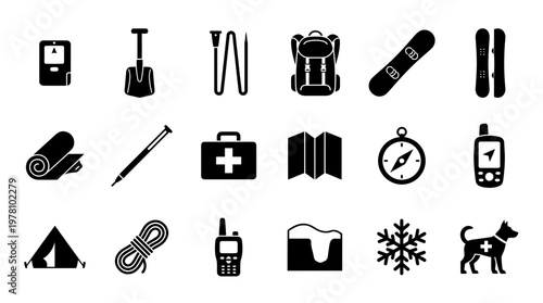Vector icon set of essential winter outdoor adventure, avalanche safety, and survival gear, perfect for sports apps, wilderness infographics, and educational materials.