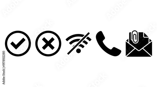 Vector icons for user interface design featuring check, cross, no WiFi, phone, and mail with attachment symbols for diverse digital applications.