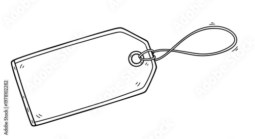 A hand drawn blank price tag outline with a string. Ideal for product labeling, sales, discounts, or adding custom messages to marketing materials and advertisements.