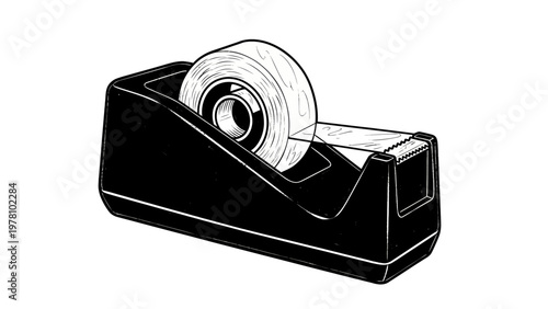Black and white sketch of a tape dispenser with a tape roll, ideal for office supply themes, stationery designs, or business related visual content.