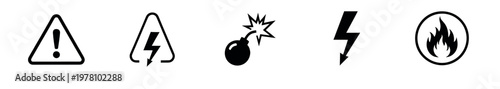 A set of vital warning symbols for indicating various dangers such as general hazard, high voltage electricity, explosive materials, and fire risks for safety communication.