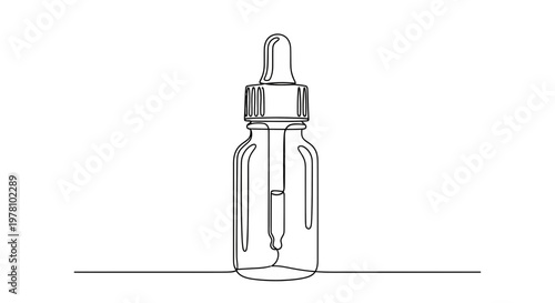 Minimalist continuous line drawing of a cosmetic dropper bottle, ideal for beauty, health, and wellness product marketing, offering a clean, modern visual for various design projects.
