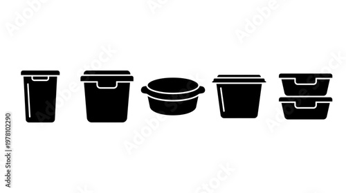 Vector set of different plastic containers and bins in silhouette form, perfect for household, kitchen, food storage, or waste management related graphics.
