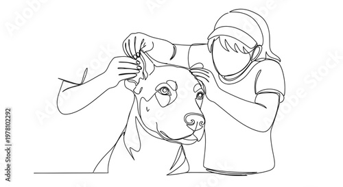 One continuous line drawing of a person interacting with a dog, showing affection and care for their pet.