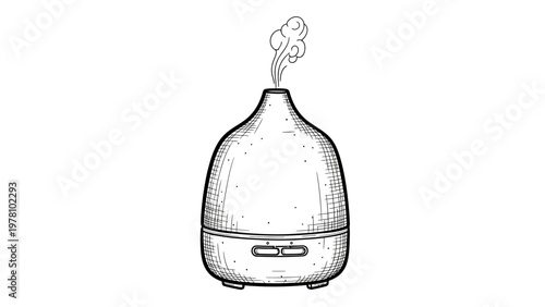 Black and white hand drawn sketch of an essential oil diffuser with steam, symbolizing relaxation, wellness, and healthy living for various lifestyle and home projects.