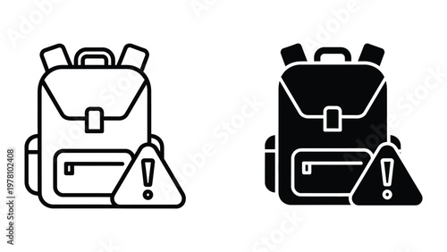 Contrast between a white and black backpack with warning symbols on their front pockets