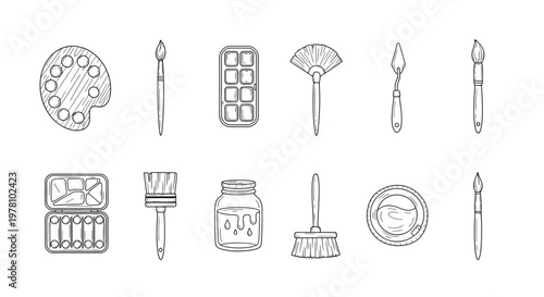 Monochrome outline drawing of essential painting tools including brushes, palette, and paints, ideal for educational content, craft projects, or studio visuals.