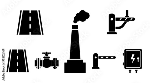 Set of universal vector icons depicting key industrial components and transportation elements including roads, factory, valve, barrier, and electrical panel.