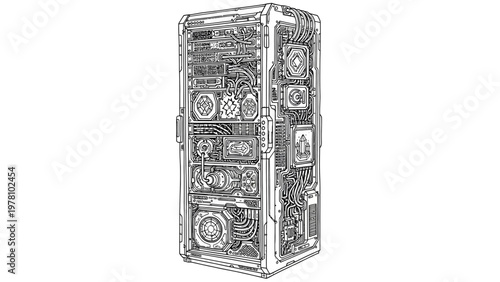 Black and white line drawing of a futuristic server rack showcasing intricate mechanical components and complex wiring, ideal for technology and scifi themes.