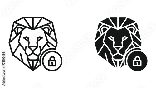 Geometric lion logos with security lock symbols for cryptocurrency or branding