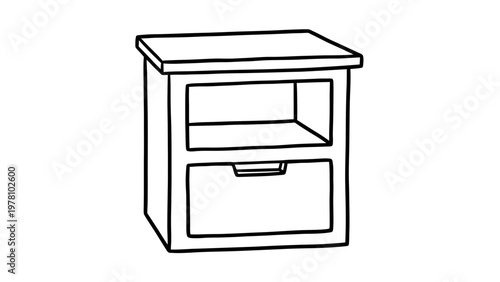 Simple line drawing of a modern bedside table featuring an open shelf and a drawer, ideal for interior design, furniture display, or home organization concepts.