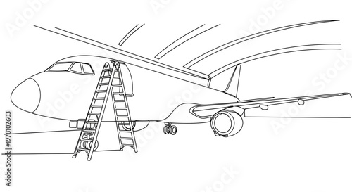 Line art of an airplane with a service ladder, illustrating aircraft maintenance or ground operations. Useful for aviation related projects and technical documents.