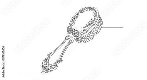 Single continuous line drawing of a luxurious vintage hairbrush with an ornate handle, perfect for elegant personal care and beauty industry branding.