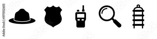 Essential black silhouette icons represent detective, police, and security themes, including hat, shield, radio, magnifying glass, and jail bars, perfect for professional graphic designs.